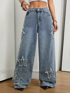 Coolane Women's Winter/All-Season Streetwear  Hippie   Music Festival Party Casual Preppy Vintage Basic Star Patched Washed Comfortable Black Baggy  Jeans