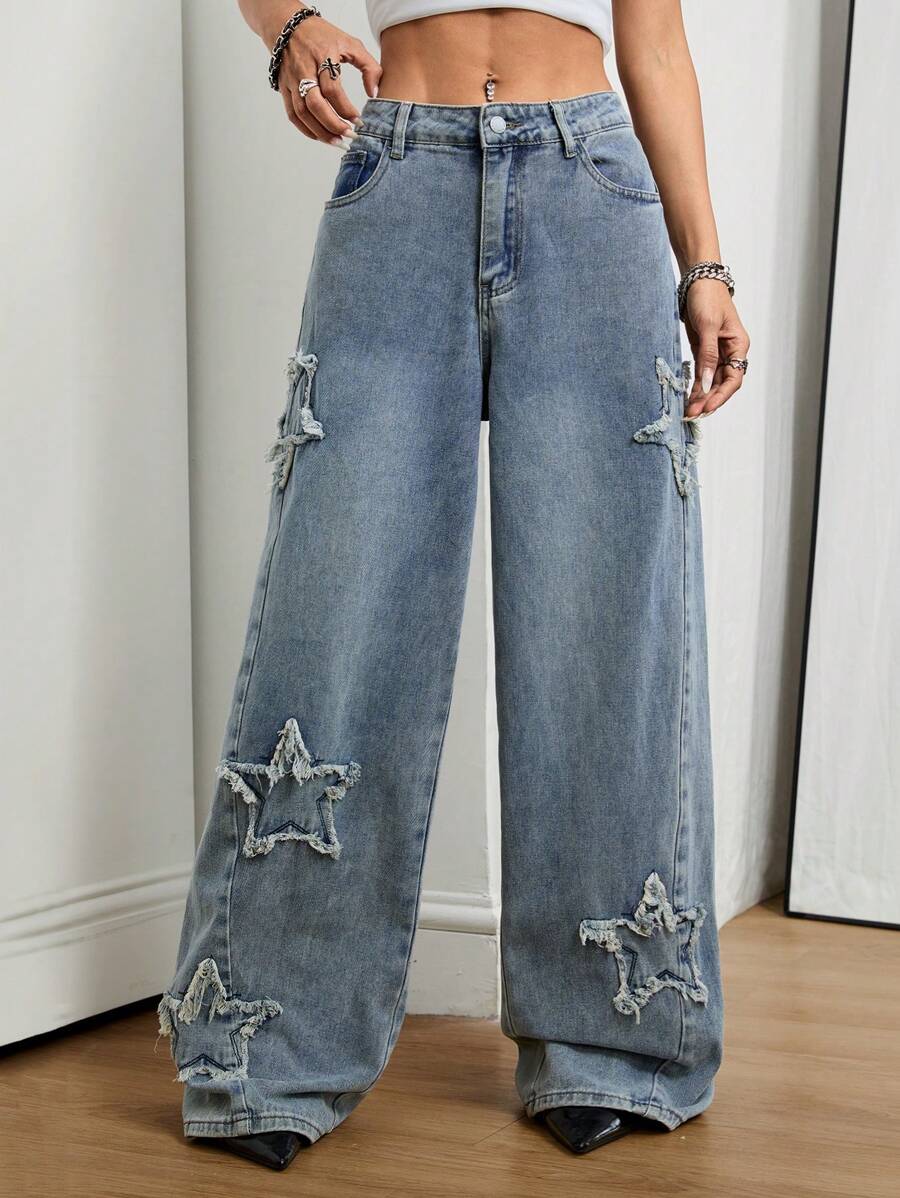 Coolane Women's Winter/All-Season Streetwear  Hippie   Music Festival Party Casual Preppy Vintage Basic Star Patched Washed Comfortable Black Baggy  Jeans