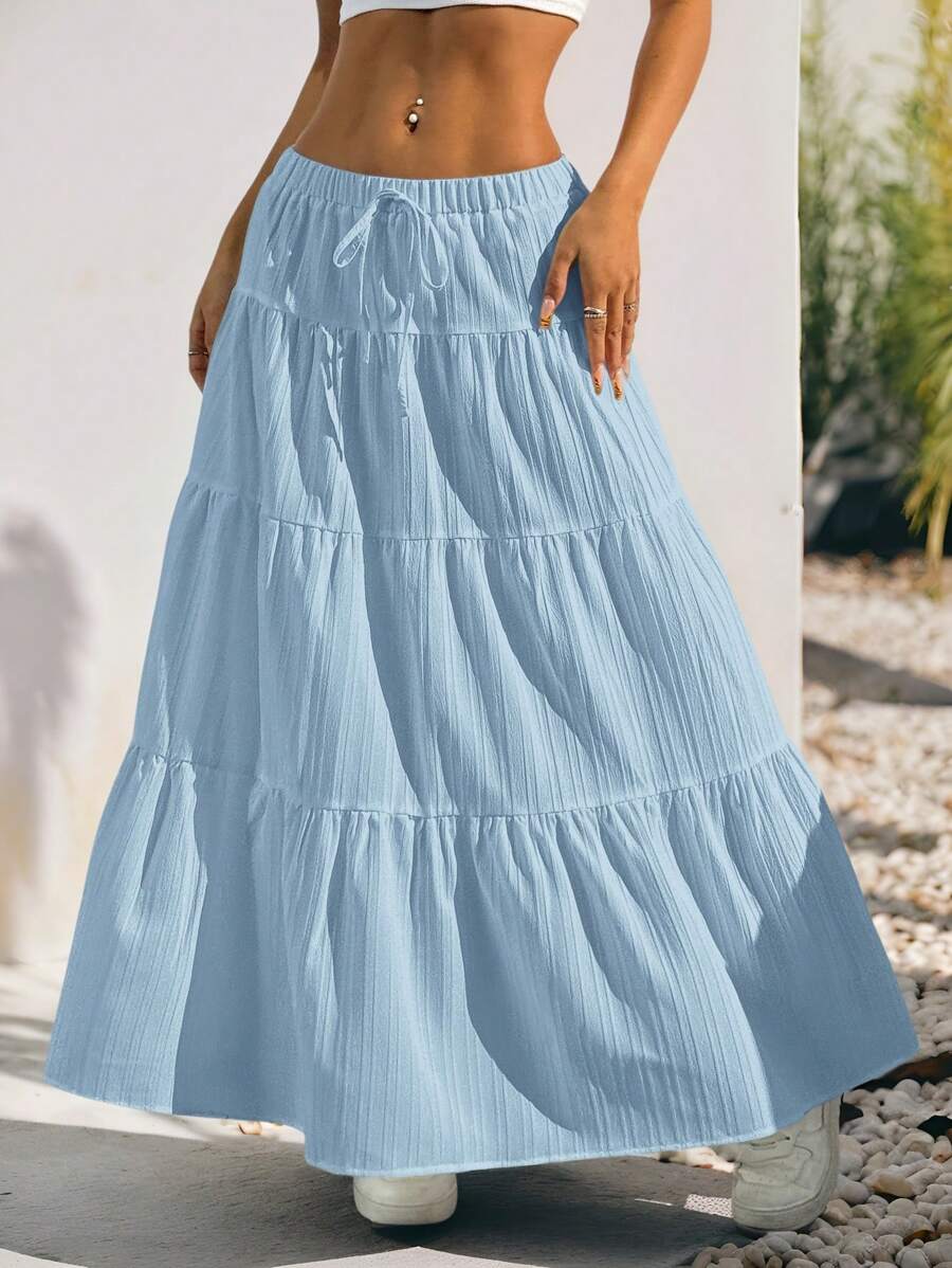 MainGRL Women Solid Color High Waist Tie Ruffled Hem Maxi Skirt