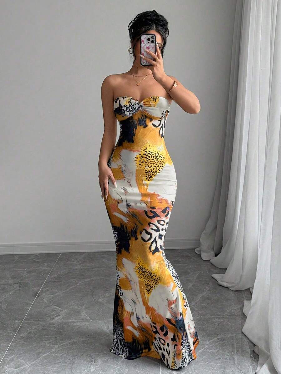 Selianne Sleeveless Twist Cutout Back Tie Up Bodycon Maxi Leopard Print Dress