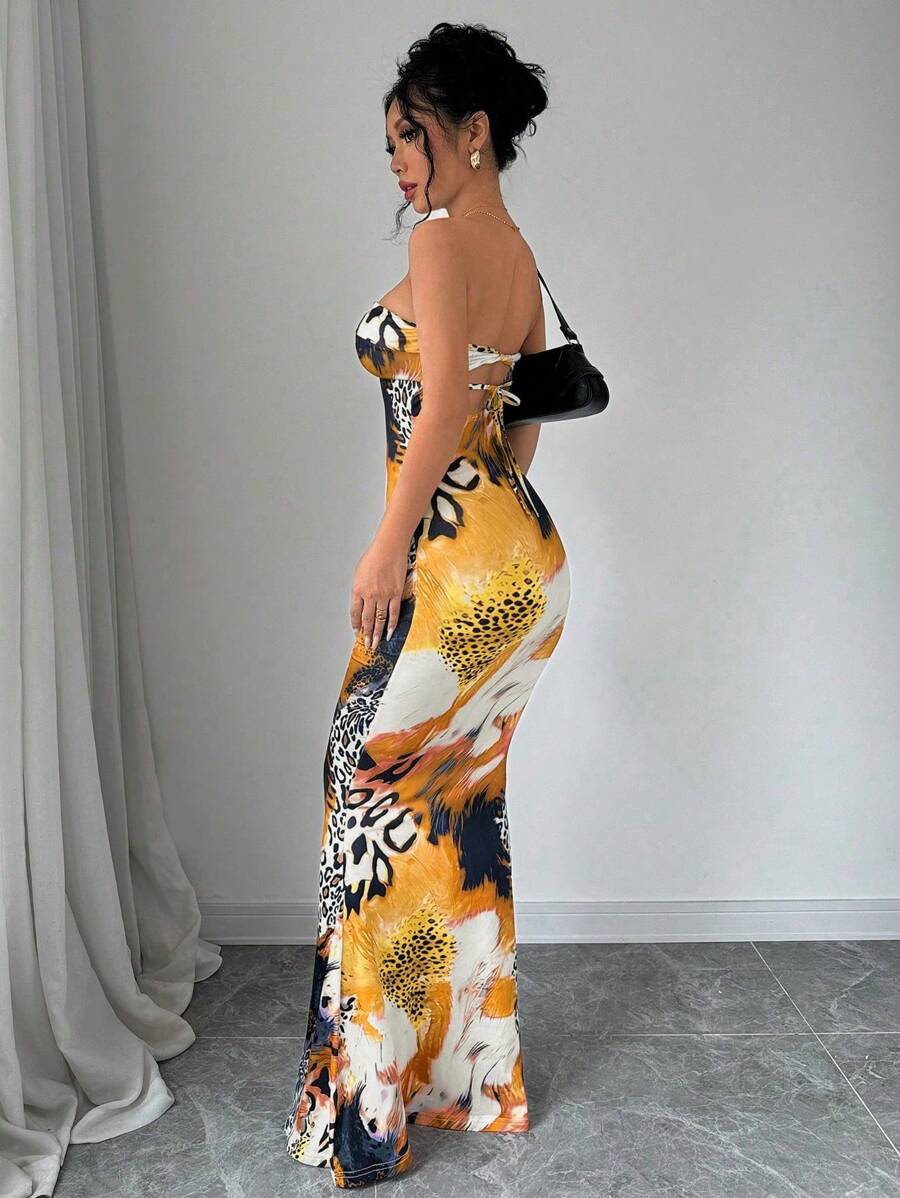 Selianne Sleeveless Twist Cutout Back Tie Up Bodycon Maxi Leopard Print Dress