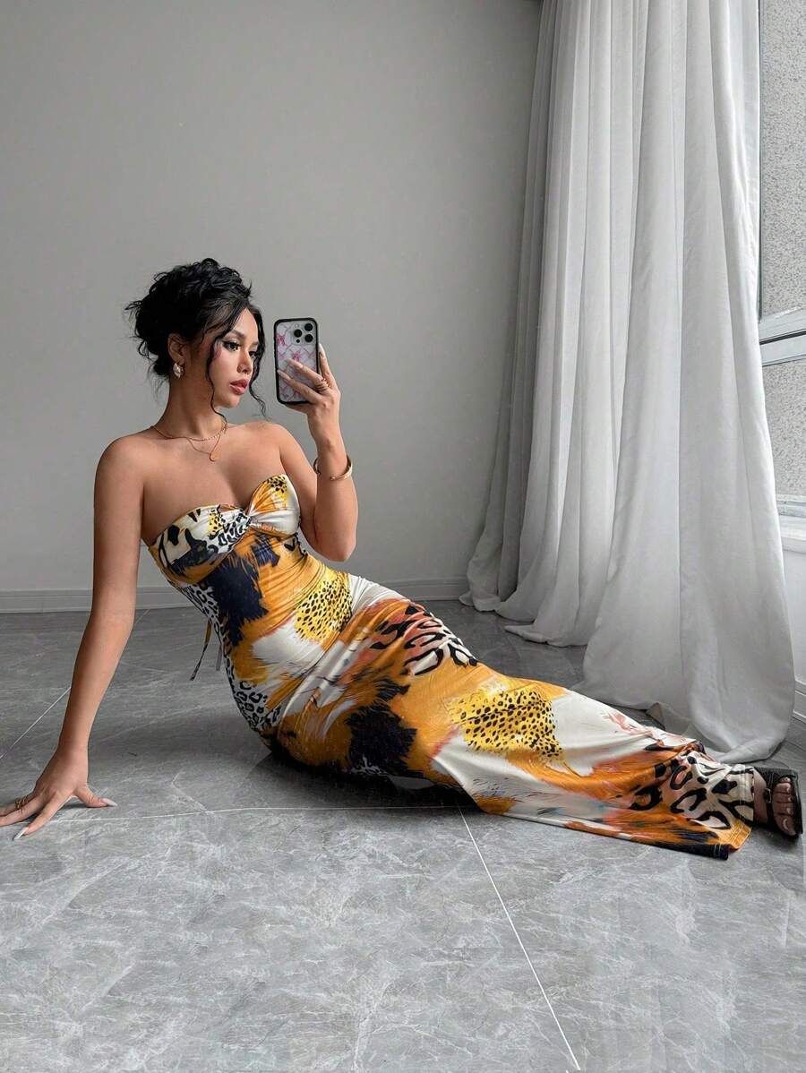 Selianne Sleeveless Twist Cutout Back Tie Up Bodycon Maxi Leopard Print Dress