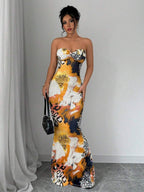 Selianne Sleeveless Twist Cutout Back Tie Up Bodycon Maxi Leopard Print Dress