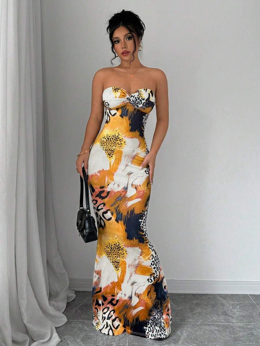 Selianne Sleeveless Twist Cutout Back Tie Up Bodycon Maxi Leopard Print Dress