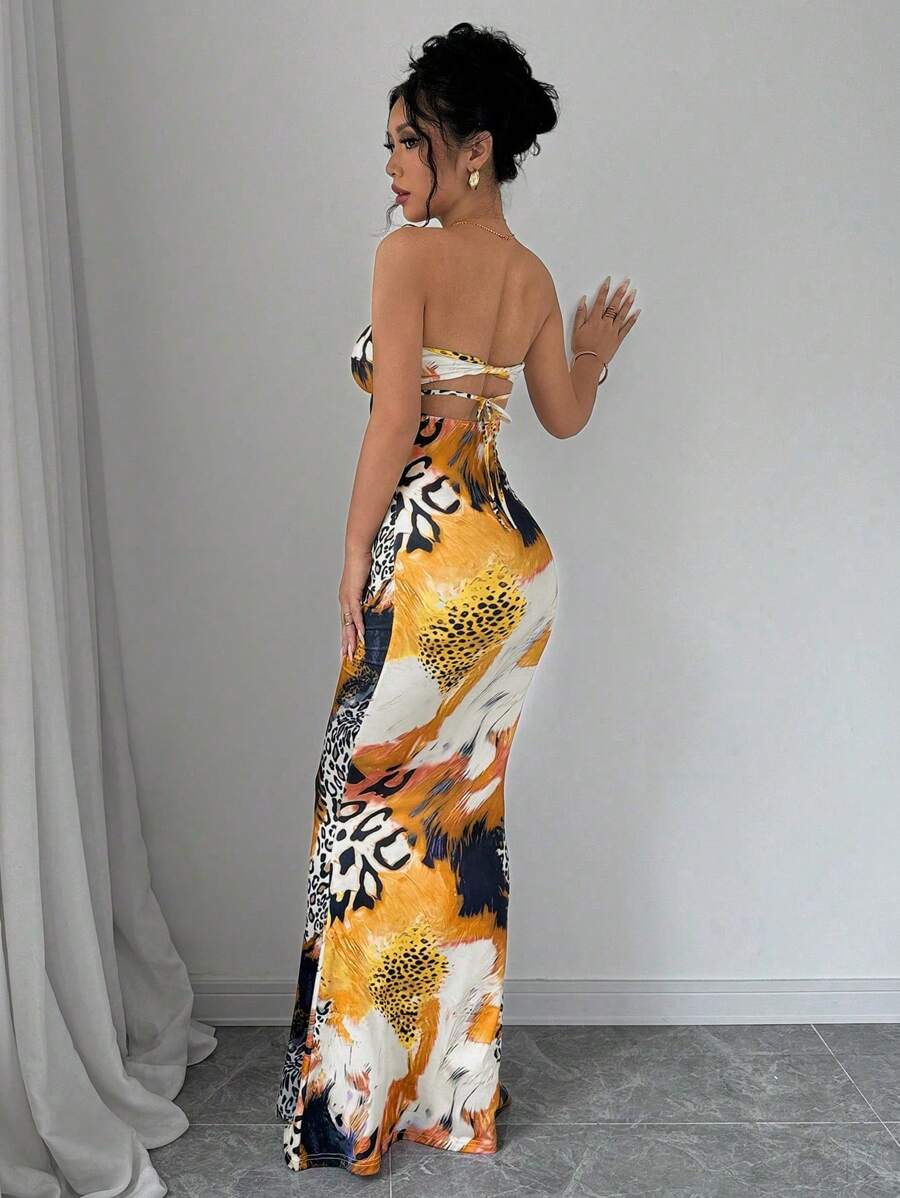 Selianne Sleeveless Twist Cutout Back Tie Up Bodycon Maxi Leopard Print Dress
