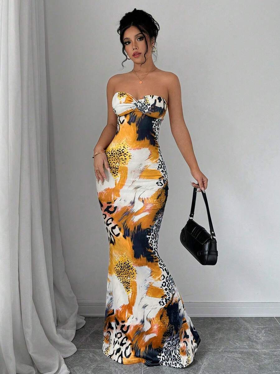 Selianne Sleeveless Twist Cutout Back Tie Up Bodycon Maxi Leopard Print Dress