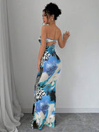 Selianne Sleeveless Twist Cutout Back Tie Up Bodycon Maxi Leopard Print Dress