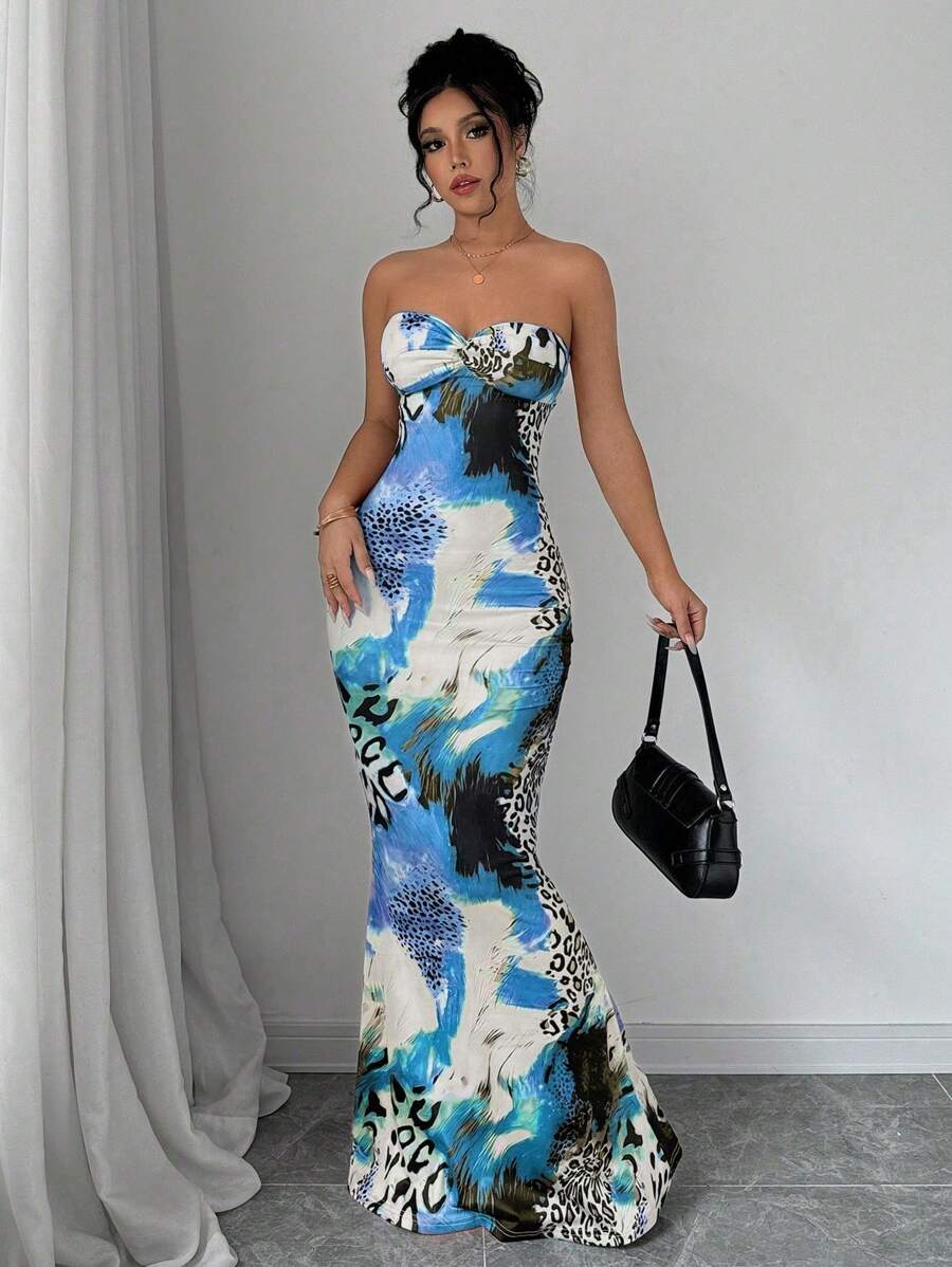 Selianne Sleeveless Twist Cutout Back Tie Up Bodycon Maxi Leopard Print Dress