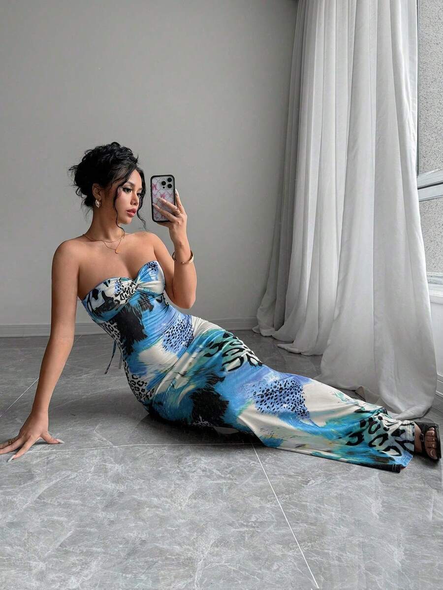 Selianne Sleeveless Twist Cutout Back Tie Up Bodycon Maxi Leopard Print Dress