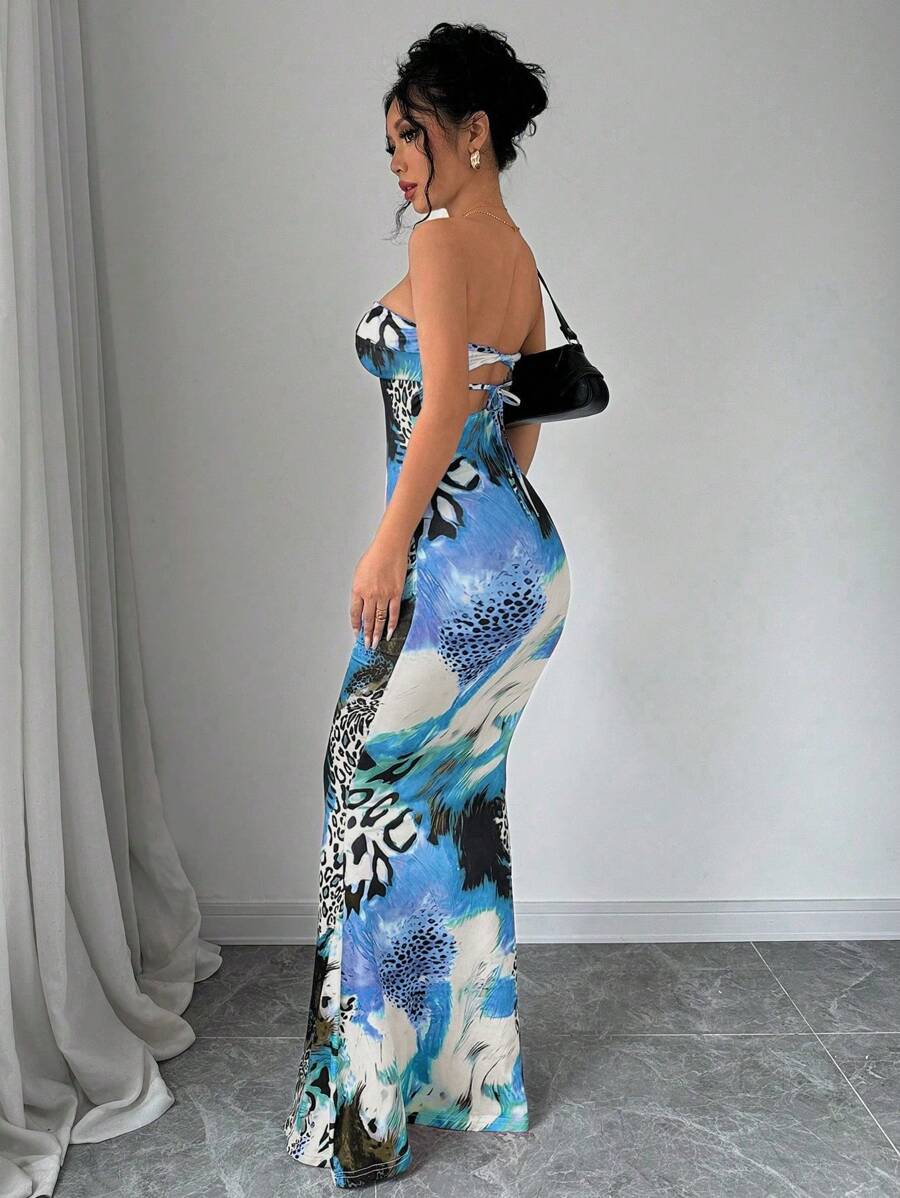 Selianne Sleeveless Twist Cutout Back Tie Up Bodycon Maxi Leopard Print Dress