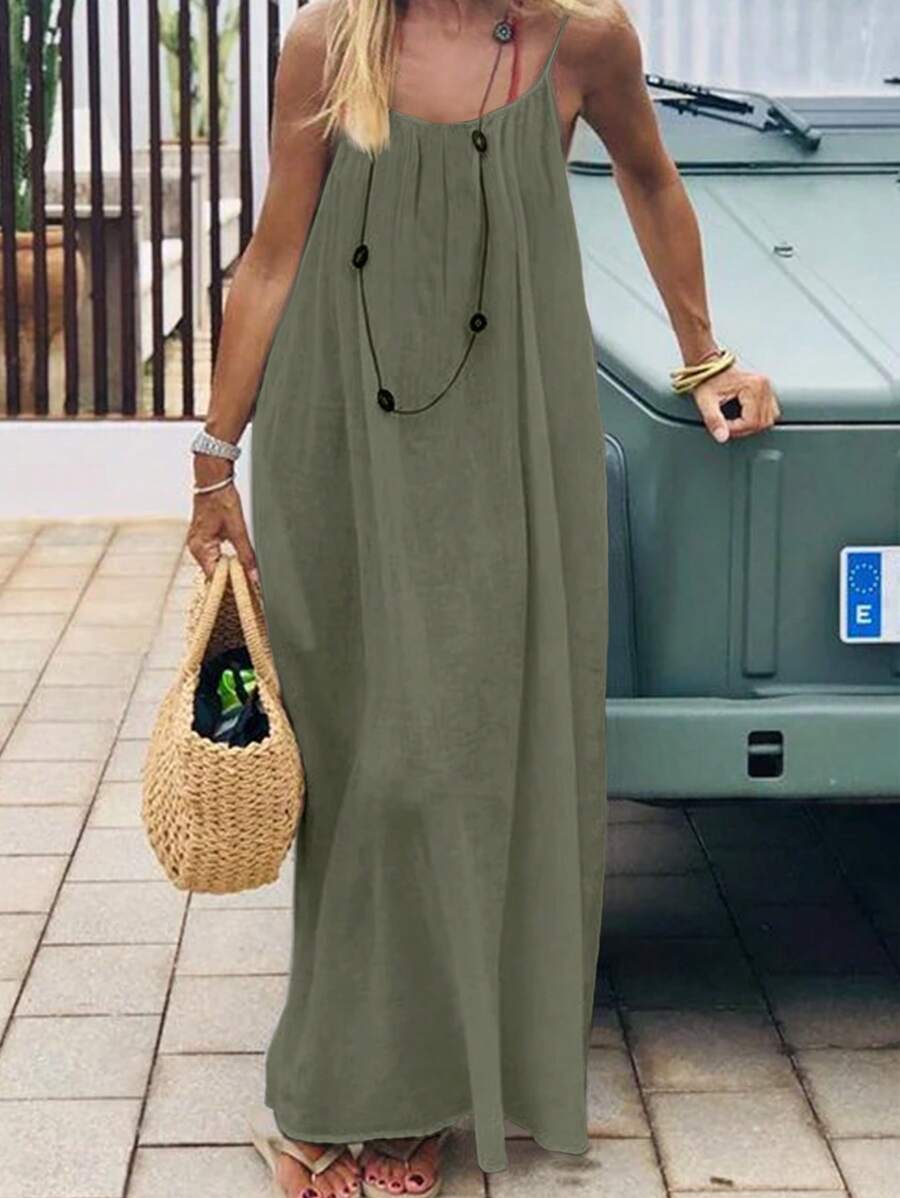 Cévolie Women's Solid Color Open Back Tie Loose Casual Maxi Slip Dress