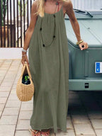 Cévolie Women's Solid Color Open Back Tie Loose Casual Maxi Slip Dress