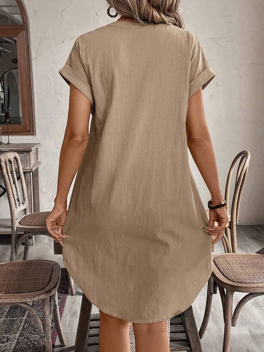 EMERY ROSE Solid Notched Button Front Batwing Sleeve Shirt Dress,Summer Dresses For Women