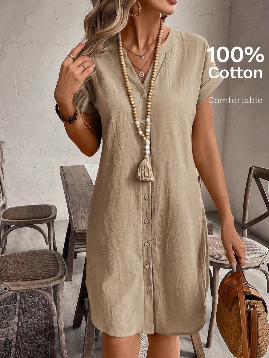 EMERY ROSE Solid Notched Button Front Batwing Sleeve Shirt Dress,Summer Dresses For Women