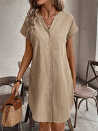 EMERY ROSE Solid Notched Button Front Batwing Sleeve Shirt Dress,Summer Dresses For Women