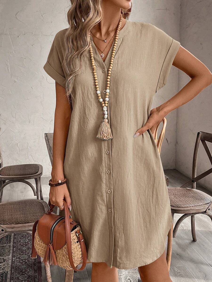 EMERY ROSE Solid Notched Button Front Batwing Sleeve Shirt Dress,Summer Dresses For Women