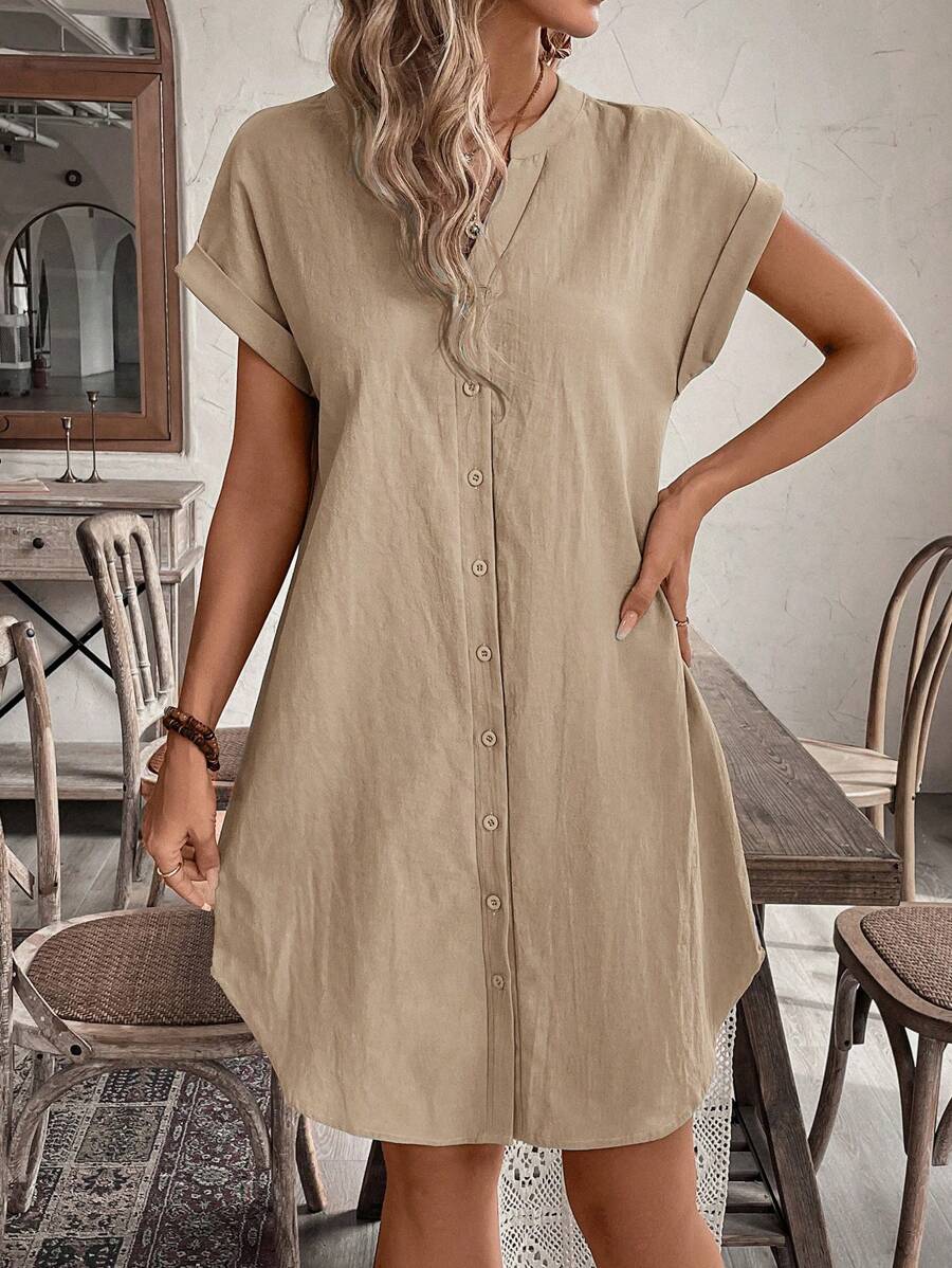 EMERY ROSE Solid Notched Button Front Batwing Sleeve Shirt Dress,Summer Dresses For Women