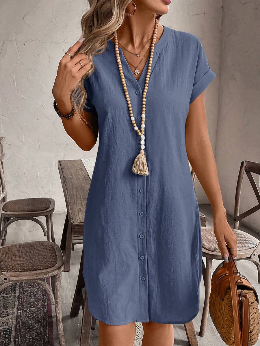 EMERY ROSE Solid Notched Button Front Batwing Sleeve Shirt Dress,Summer Dresses For Women