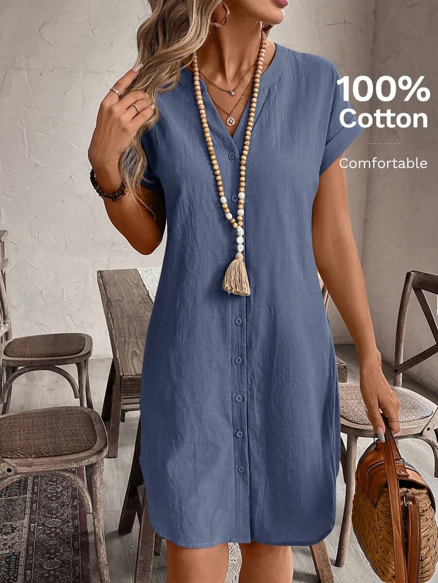 EMERY ROSE Solid Notched Button Front Batwing Sleeve Shirt Dress,Summer Dresses For Women