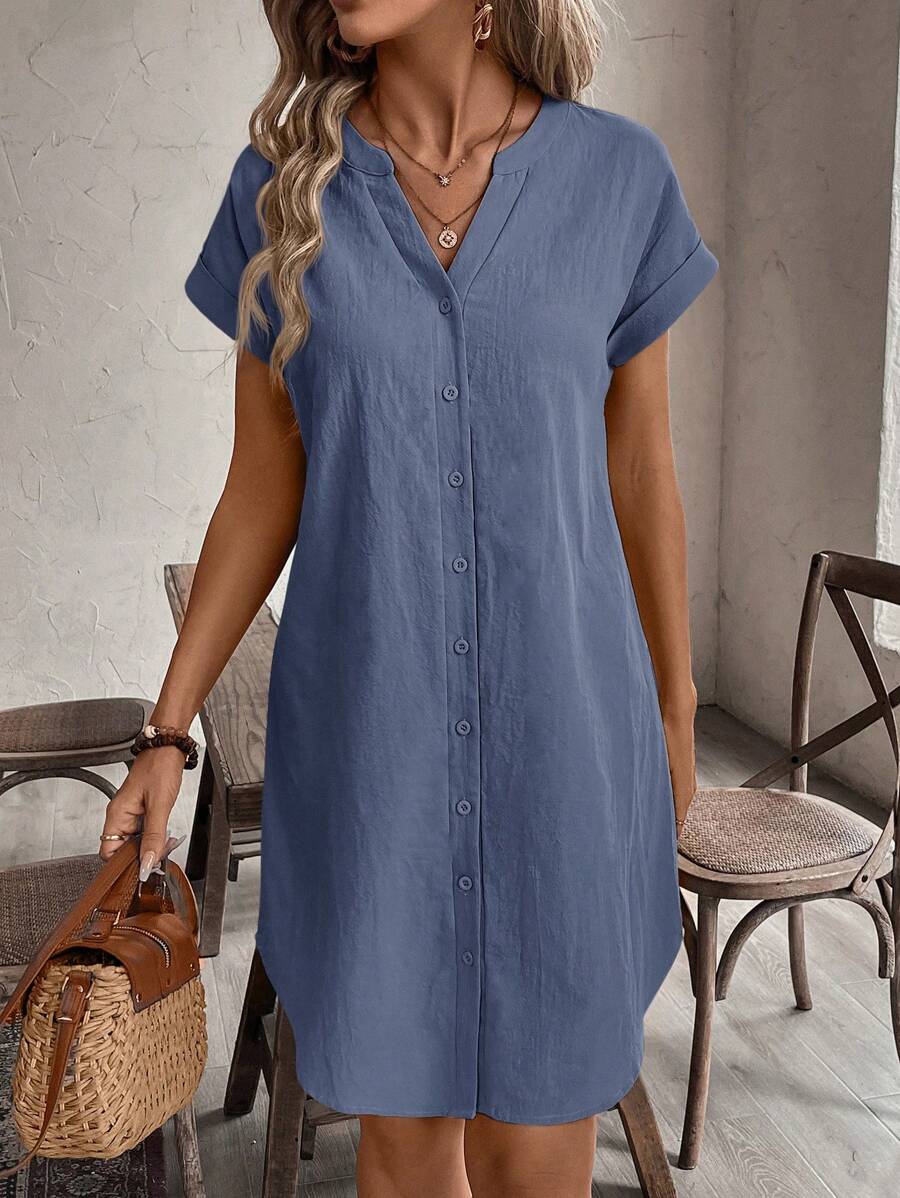 EMERY ROSE Solid Notched Button Front Batwing Sleeve Shirt Dress,Summer Dresses For Women