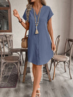 EMERY ROSE Solid Notched Button Front Batwing Sleeve Shirt Dress,Summer Dresses For Women