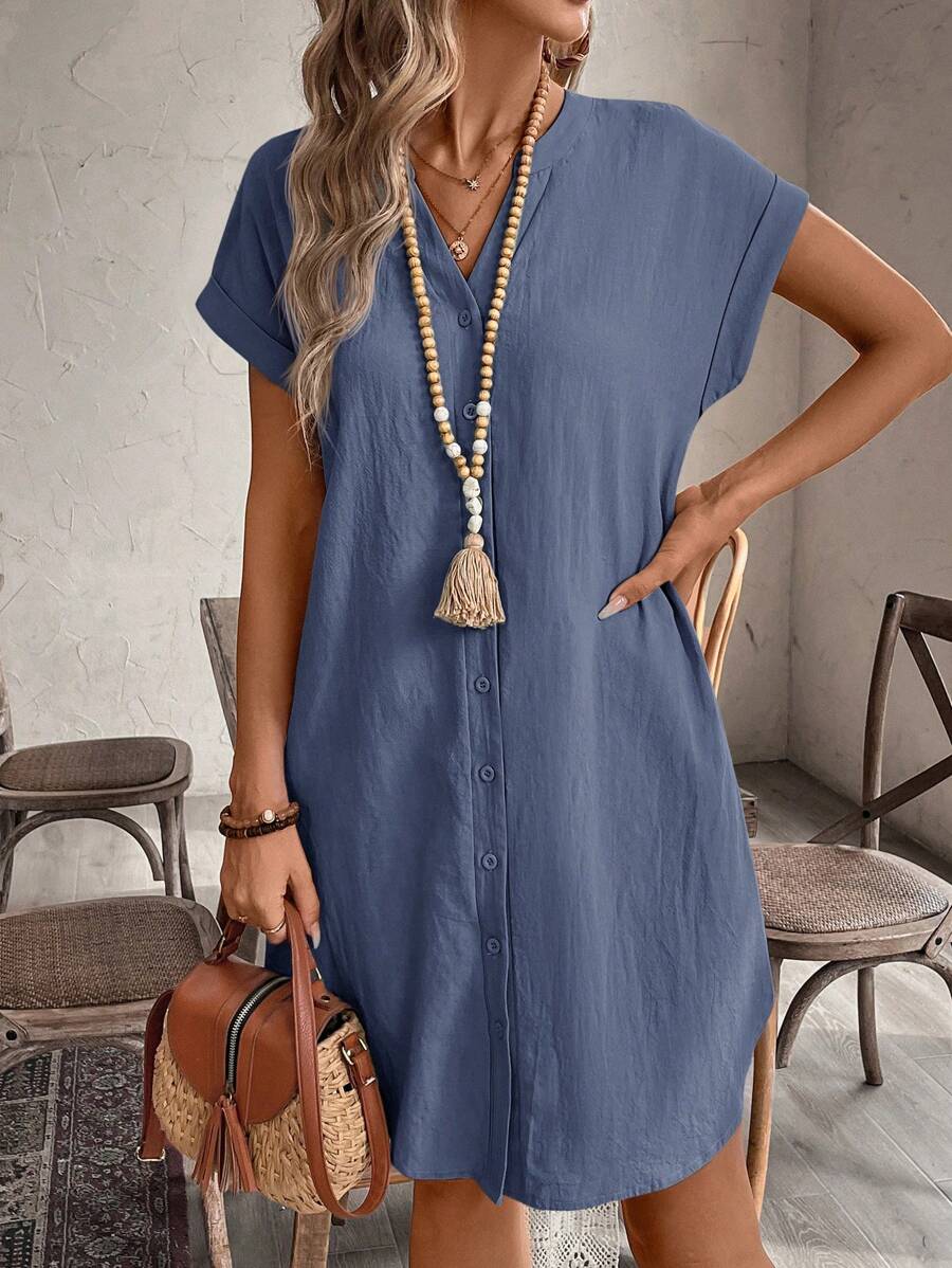 EMERY ROSE Solid Notched Button Front Batwing Sleeve Shirt Dress,Summer Dresses For Women
