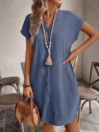 EMERY ROSE Solid Notched Button Front Batwing Sleeve Shirt Dress,Summer Dresses For Women