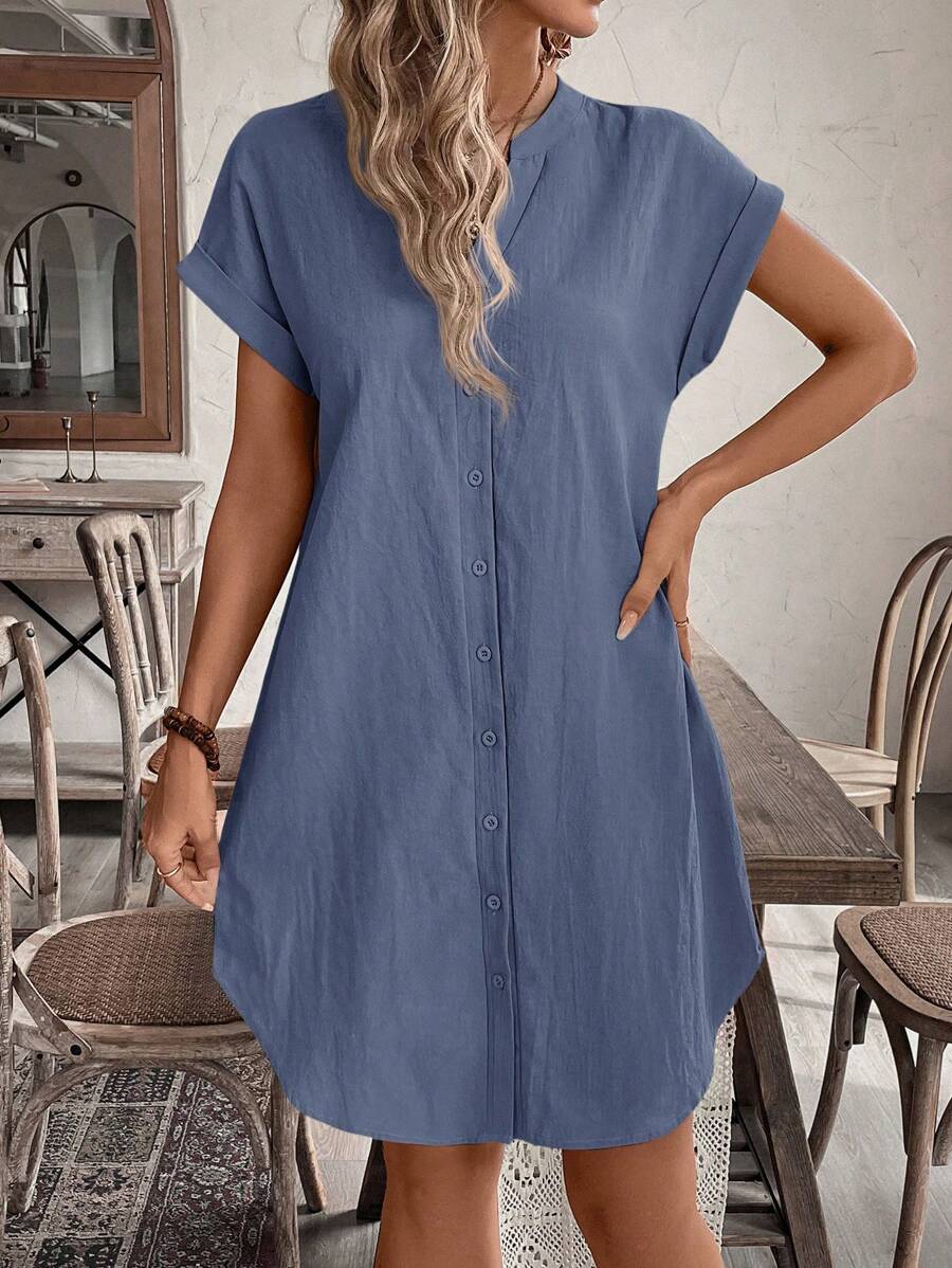 EMERY ROSE Solid Notched Button Front Batwing Sleeve Shirt Dress,Summer Dresses For Women
