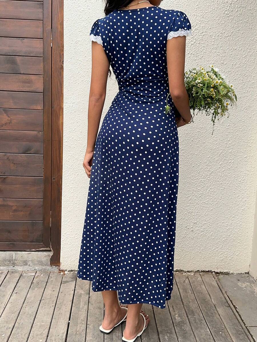 Sunnyshic Blue Ditsy Floral Patchwork Lace V-Neck Waist Flared Maxi Dress, Elegant Cute Daily Casual Vacation Beach Party Cocktail Afternoon Tea Versatile For Women, Summer