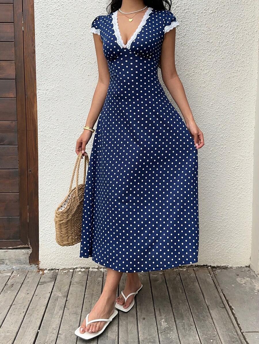 Sunnyshic Blue Ditsy Floral Patchwork Lace V-Neck Waist Flared Maxi Dress, Elegant Cute Daily Casual Vacation Beach Party Cocktail Afternoon Tea Versatile For Women, Summer