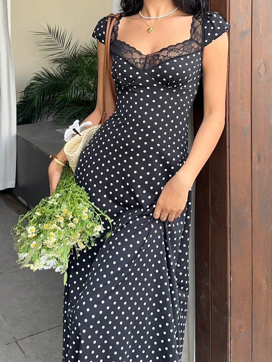 SHEIN Unity Black & White Polka Dot Print Patchwork Lace Trim Heart Collar Puffy Short Sleeve High Waist A-Line Midi Dress, Minimalist Chic, Sweet & Elegant, Suitable For Daily, Travel, Spring/Summer, Women