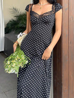 SHEIN Unity Black & White Polka Dot Print Patchwork Lace Trim Heart Collar Puffy Short Sleeve High Waist A-Line Midi Dress, Minimalist Chic, Sweet & Elegant, Suitable For Daily, Travel, Spring/Summer, Women
