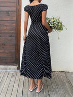 SHEIN Unity Black & White Polka Dot Print Patchwork Lace Trim Heart Collar Puffy Short Sleeve High Waist A-Line Midi Dress, Minimalist Chic, Sweet & Elegant, Suitable For Daily, Travel, Spring/Summer, Women