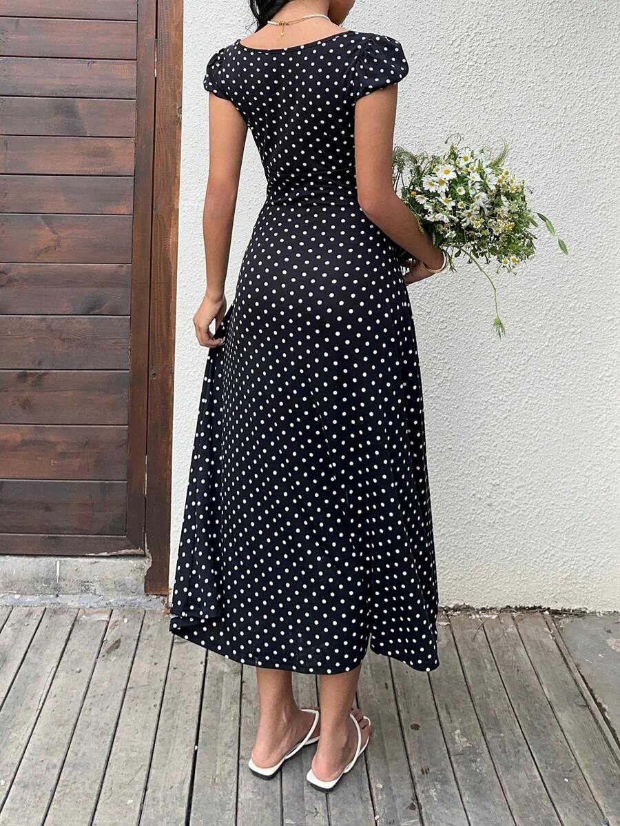 SHEIN Unity Black & White Polka Dot Print Patchwork Lace Trim Heart Collar Puffy Short Sleeve High Waist A-Line Midi Dress, Minimalist Chic, Sweet & Elegant, Suitable For Daily, Travel, Spring/Summer, Women