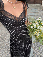 SHEIN Unity Black & White Polka Dot Print Patchwork Lace Trim Heart Collar Puffy Short Sleeve High Waist A-Line Midi Dress, Minimalist Chic, Sweet & Elegant, Suitable For Daily, Travel, Spring/Summer, Women