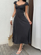 SHEIN Unity Black & White Polka Dot Print Patchwork Lace Trim Heart Collar Puffy Short Sleeve High Waist A-Line Midi Dress, Minimalist Chic, Sweet & Elegant, Suitable For Daily, Travel, Spring/Summer, Women