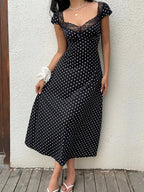 SHEIN Unity Black & White Polka Dot Print Patchwork Lace Trim Heart Collar Puffy Short Sleeve High Waist A-Line Midi Dress, Minimalist Chic, Sweet & Elegant, Suitable For Daily, Travel, Spring/Summer, Women