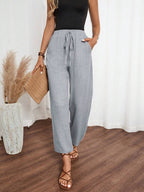 EMERY ROSE Women's Denim Effect Linen Blend Pants With Lace Hem Fall Cloth For Women