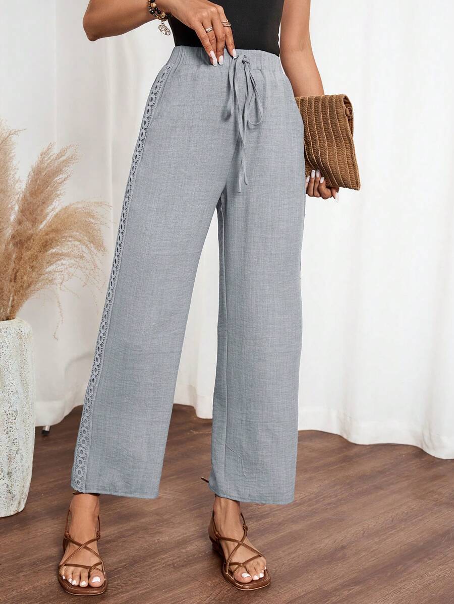EMERY ROSE Women's Denim Effect Linen Blend Pants With Lace Hem Fall Cloth For Women
