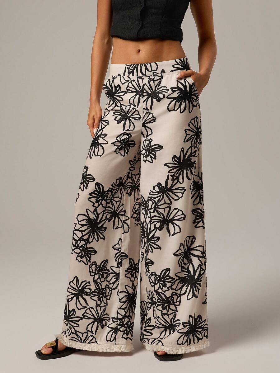 SHEIN Forever 21 Spring Casual Beach Vacation Tassel Linen Floral Print Wide Leg Pants For Women,Bohemia
