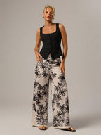 SHEIN Forever 21 Spring Casual Beach Vacation Tassel Linen Floral Print Wide Leg Pants For Women,Bohemia