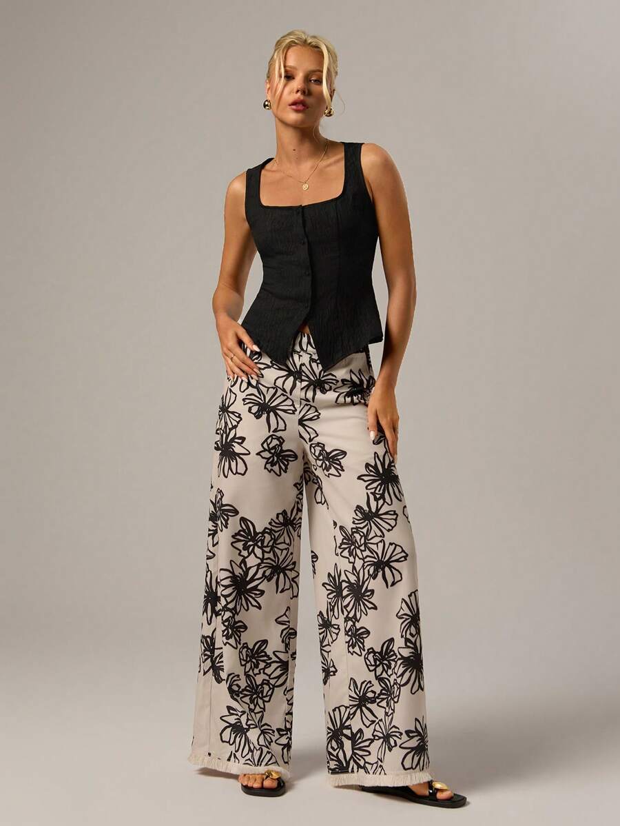 SHEIN Forever 21 Spring Casual Beach Vacation Tassel Linen Floral Print Wide Leg Pants For Women,Bohemia