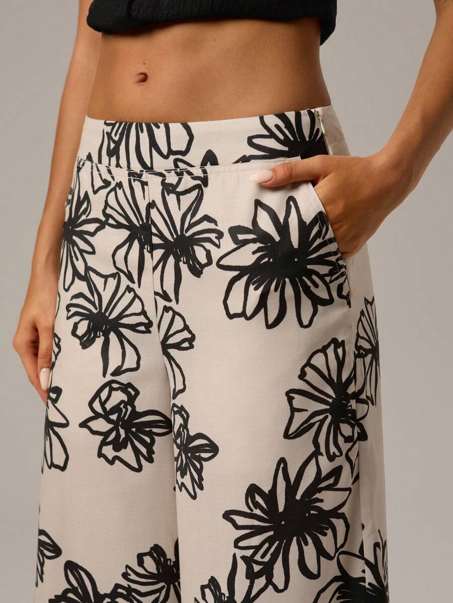 SHEIN Forever 21 Spring Casual Beach Vacation Tassel Linen Floral Print Wide Leg Pants For Women,Bohemia