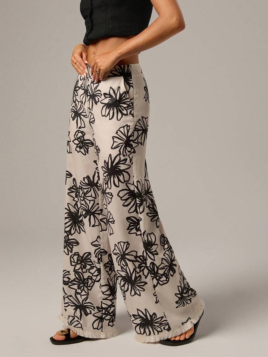 SHEIN Forever 21 Spring Casual Beach Vacation Tassel Linen Floral Print Wide Leg Pants For Women,Bohemia