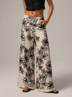 SHEIN Forever 21 Spring Casual Beach Vacation Tassel Linen Floral Print Wide Leg Pants For Women,Bohemia
