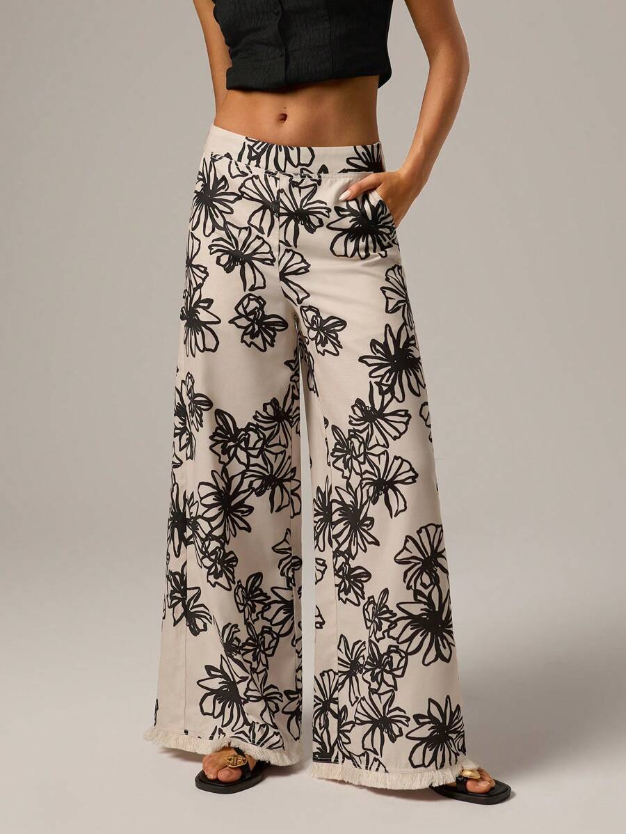 SHEIN Forever 21 Spring Casual Beach Vacation Tassel Linen Floral Print Wide Leg Pants For Women,Bohemia