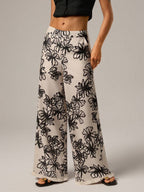SHEIN Forever 21 Spring Casual Beach Vacation Tassel Linen Floral Print Wide Leg Pants For Women,Bohemia