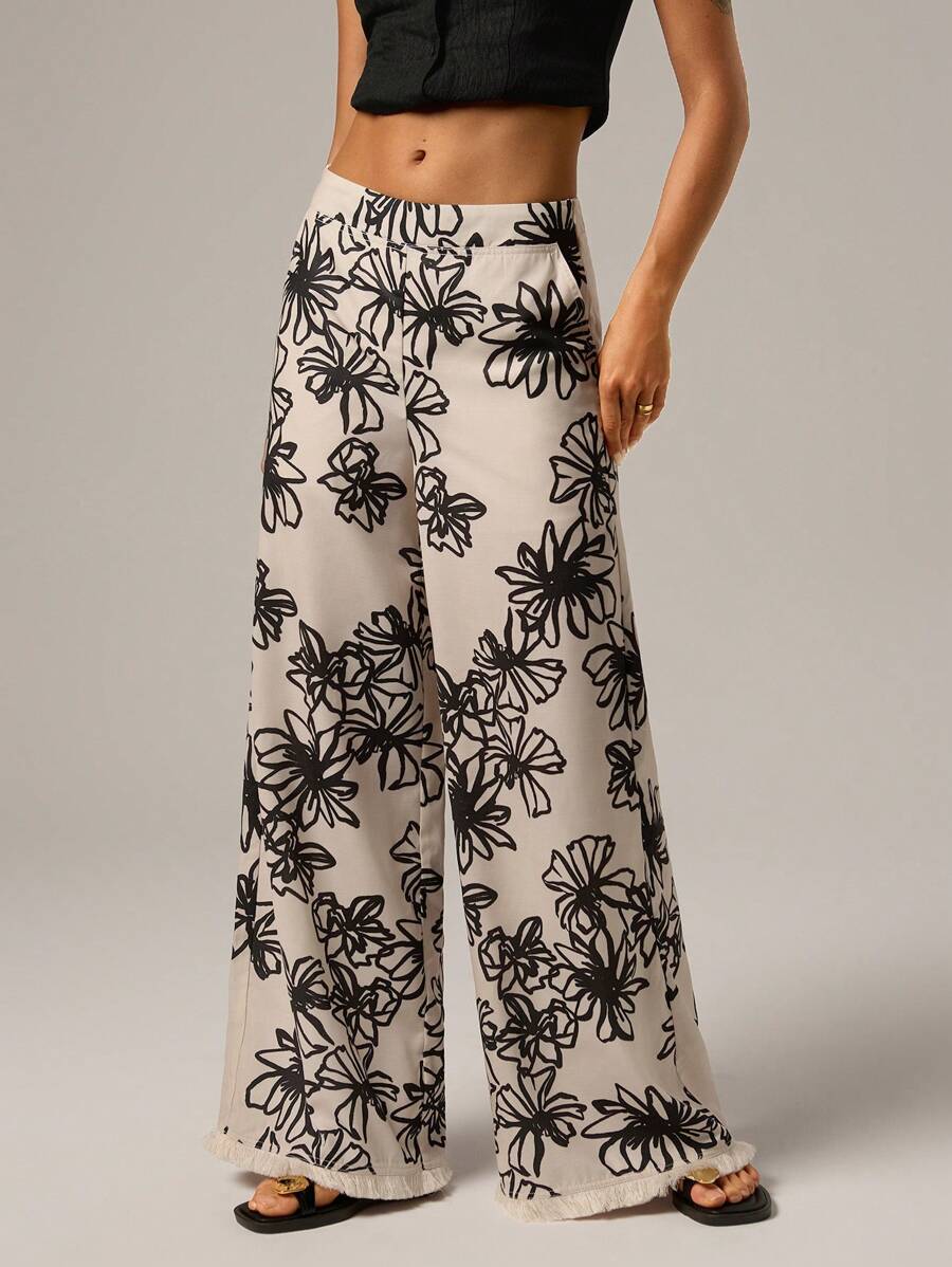 SHEIN Forever 21 Spring Casual Beach Vacation Tassel Linen Floral Print Wide Leg Pants For Women,Bohemia