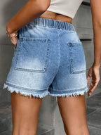 Women's Cute Drawstring Elastic Waist Denim Shorts, Frayed Hem, Non-Stretch Blue Denim Bermuda Shorts