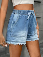 Women's Cute Drawstring Elastic Waist Denim Shorts, Frayed Hem, Non-Stretch Blue Denim Bermuda Shorts